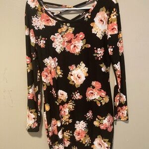 Floral long dress, zig zag cut design on back